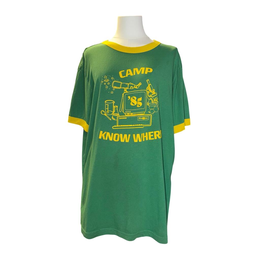 Stranger Things Camp Know Where '85 Ringer T-Shirt Dustin Cosplay Green Yellow